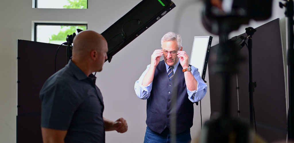 Headshot photography studio serving professionals from Clayton and the greater St. Louis area
St. Louis headshot photographer photographing author and videographer Jim Koetting in a professional studio.